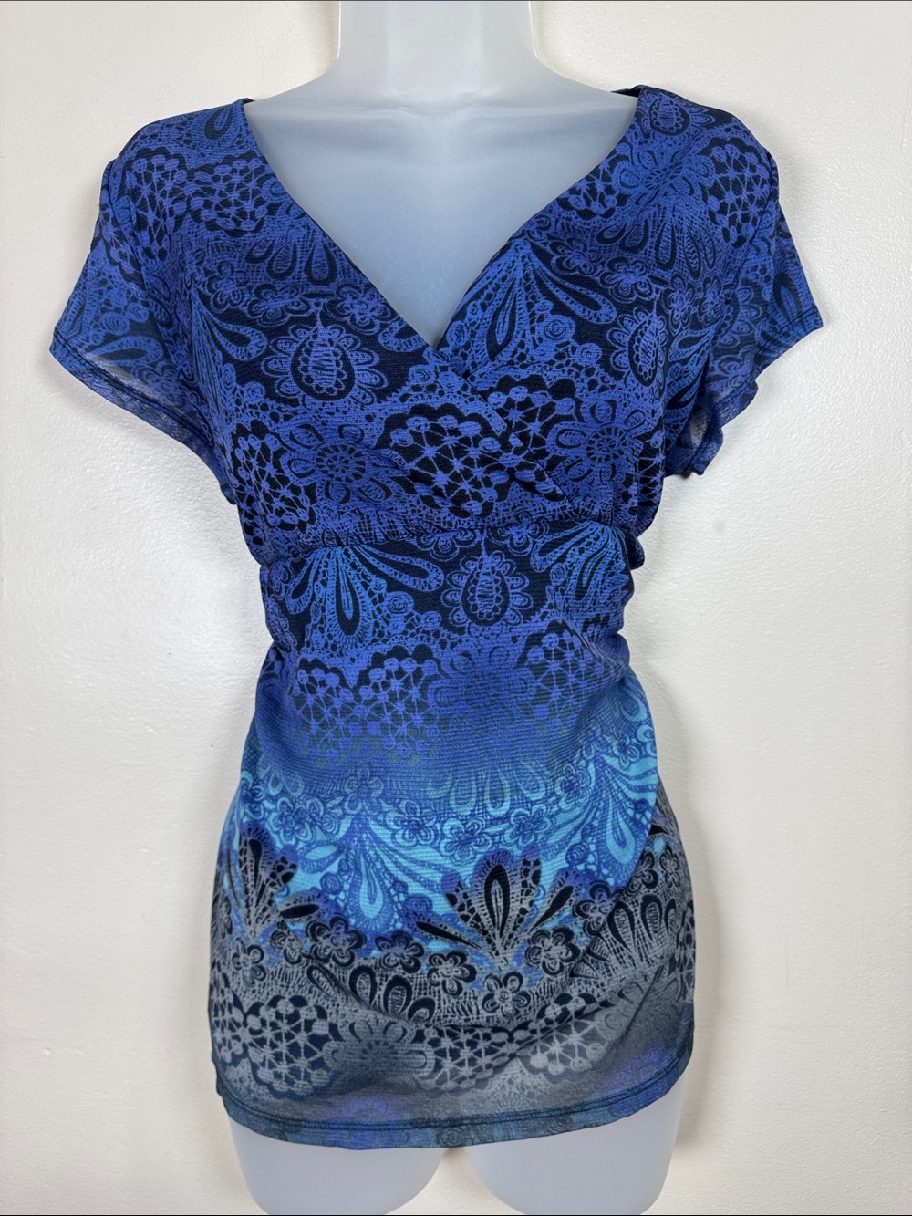 VTG Lizwear Women's Blue V-Neck Blouse babydoll mesh sheer Whimsigoth Fairy L
